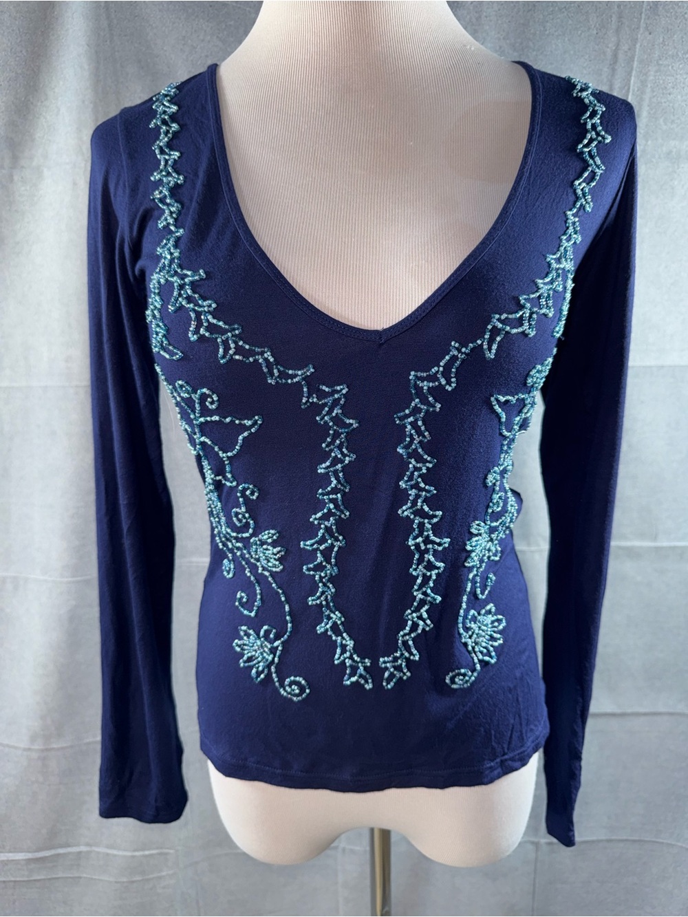 3135-Haven Blue Women's Navy V-Neck Long Sleeve Top with Teal Bead Embroidery